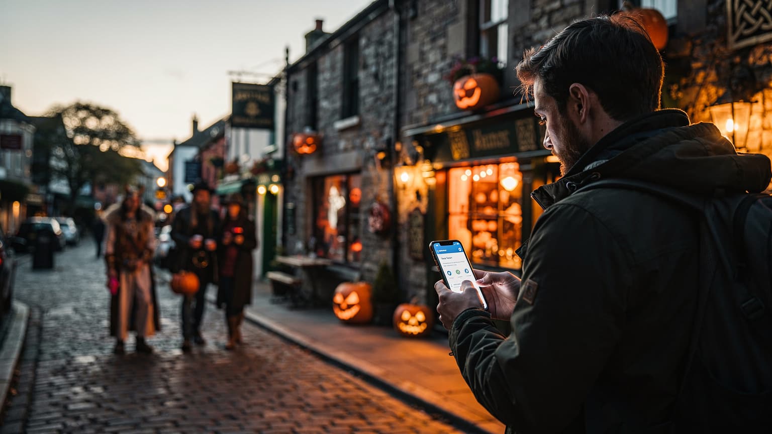 A group of friends laughing and taking selfies with their phones during a Halloween festival in Dublin, with historical buildings in the background and soft, twilight lighting.