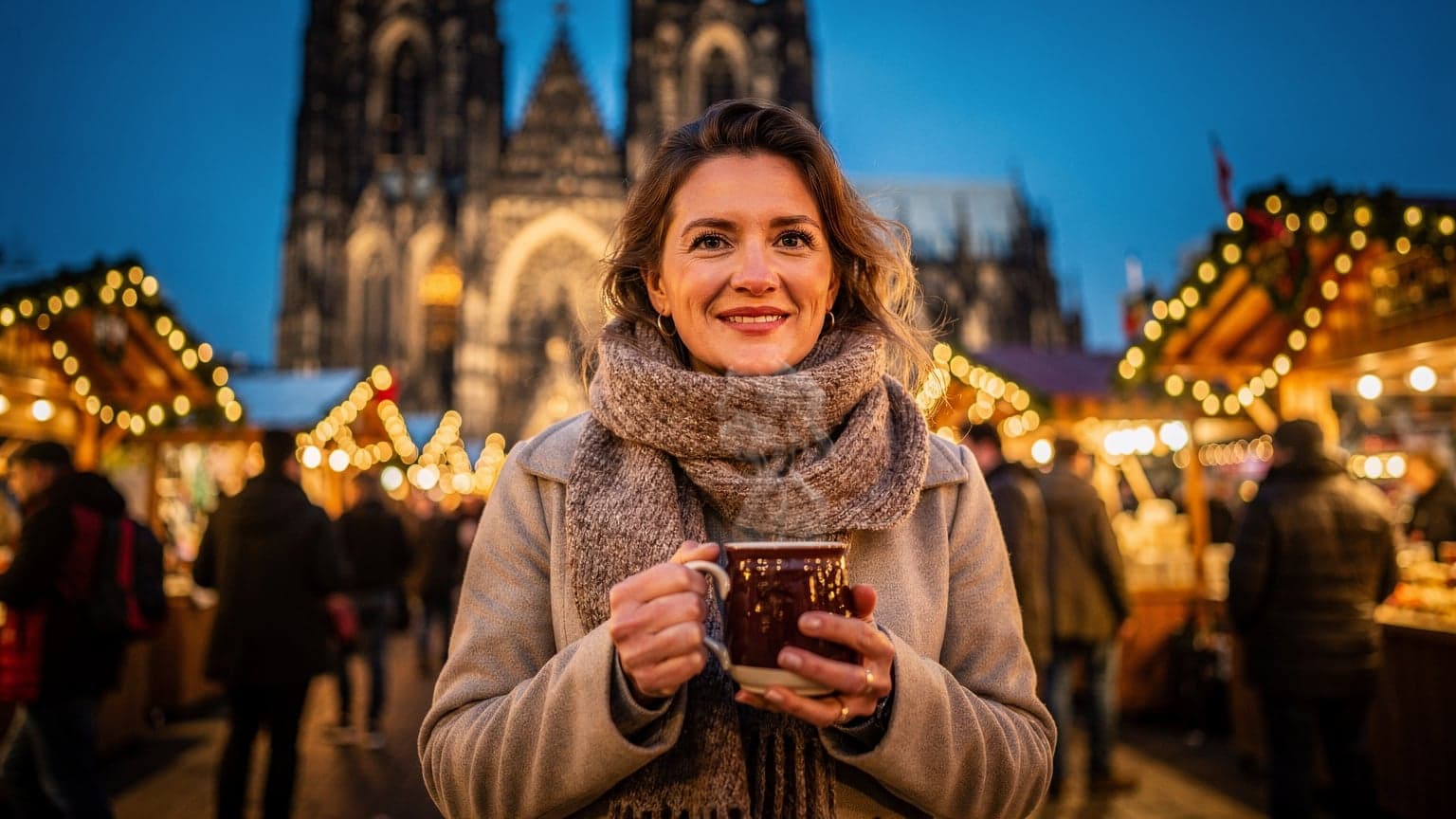 A woman in a warm coat smiles, holding a steaming mug of Glühwein at the Cologne Cathedral Christmas Market, with the illuminated cathedral in the background at dusk.