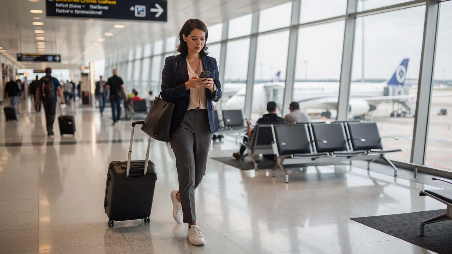 A woman confidently navigating a busy airport concourse, looking at her phone, with luggage beside her, during the Thanksgiving 2026 travel rush.