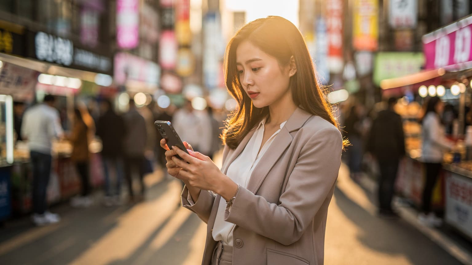 서울 명동의 번화한 거리에서 한 여성이 스마트폰으로 eSIM 속도를 확인하고 있다.