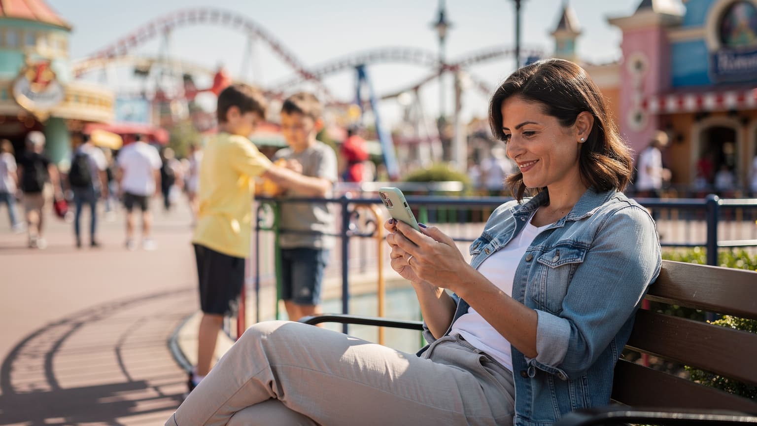 Una madre sorride mentre guarda il suo smartphone, seduta su una panchina in un parco a tema affollato, con due bambini che giocano sullo sfondo.