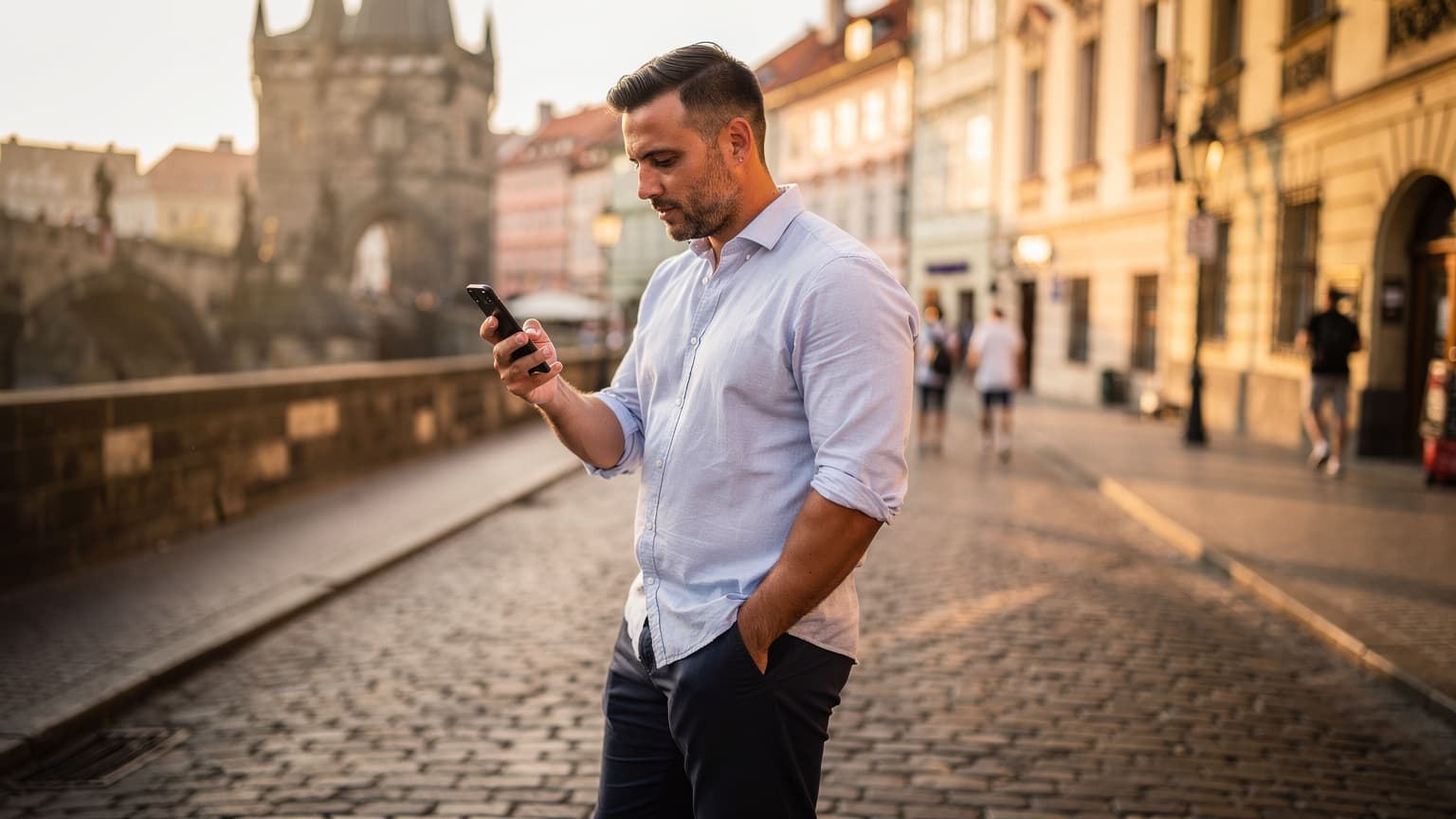 Muž drží smartphone s aktivní eSIM a kontroluje síťové parametry na pozadí historické budovy v Praze za slunečného odpoledne.