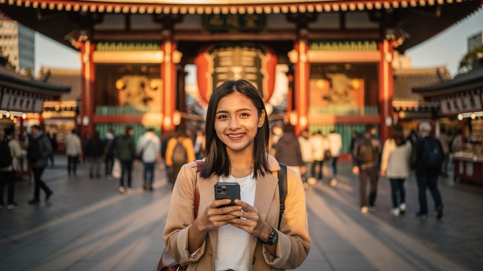 Seorang wanita muda tersenyum sambil memegang smartphone di depan latar belakang Kuil Senso-ji di Asakusa, Tokyo, saat matahari terbenam keemasan.