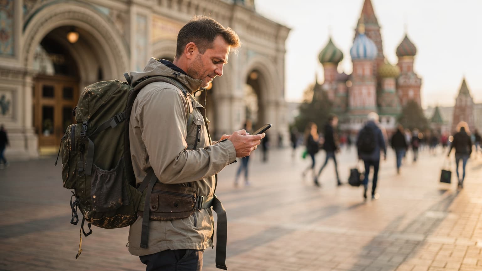 Турист с рюкзаком проверяет свой смартфон на Красной площади в Москве на фоне Собора Василия Блаженного.