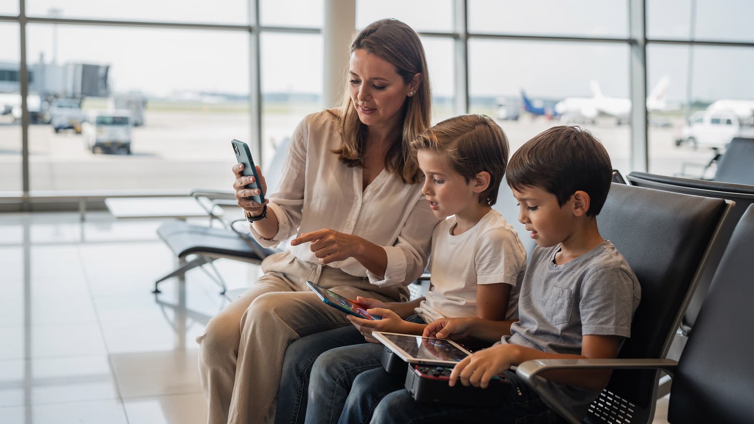 A family, including two children, looking at their phones and a tablet at an airport gate, with luggage beside them, anticipating their next adventure.