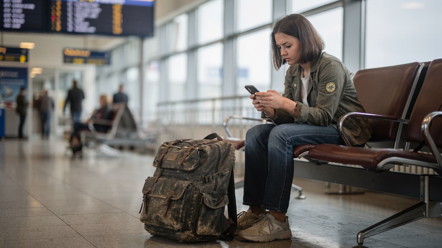 Жінка в аеропорту, перевіряє свій телефон з eSIM, дивлячись на табло вильоту, її рюкзак лежить поруч, натякаючи на бюджетну подорож.