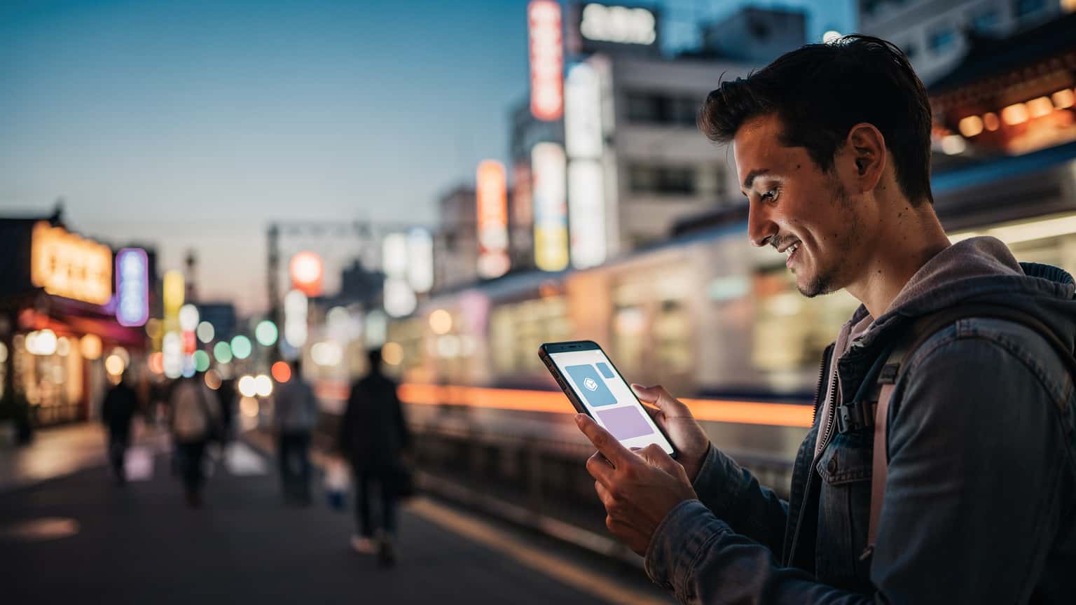 Seorang jurutera telekomunikasi muda melihat telefonnya dengan senyuman di Stesen Tokyo, dengan latar belakang seni bina moden dan orang ramai bergegas.