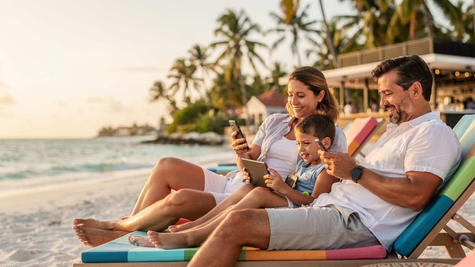 Een familie met twee kinderen, leeftijden 6 en 10, geniet van een zonsondergang op een rustig strand van Curaçao, terwijl de ouder de telefoon vasthoudt met de Cellesim app. De kinderen spelen in het zand. Op de achtergrond is de Caribische Zee te zien.