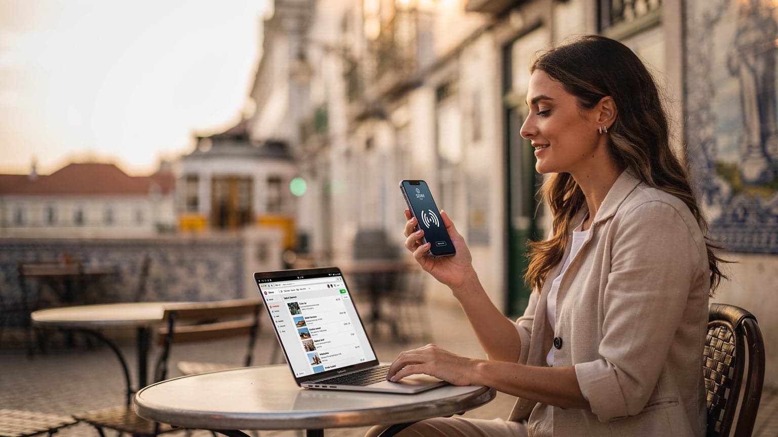 Uma mulher brasileira, na casa dos 30 anos, usa seu smartphone com um sorriso enquanto está sentada em um café movimentado e bem iluminado em Lisboa, com a Ponte 25 de Abril visível ao fundo através da janela.