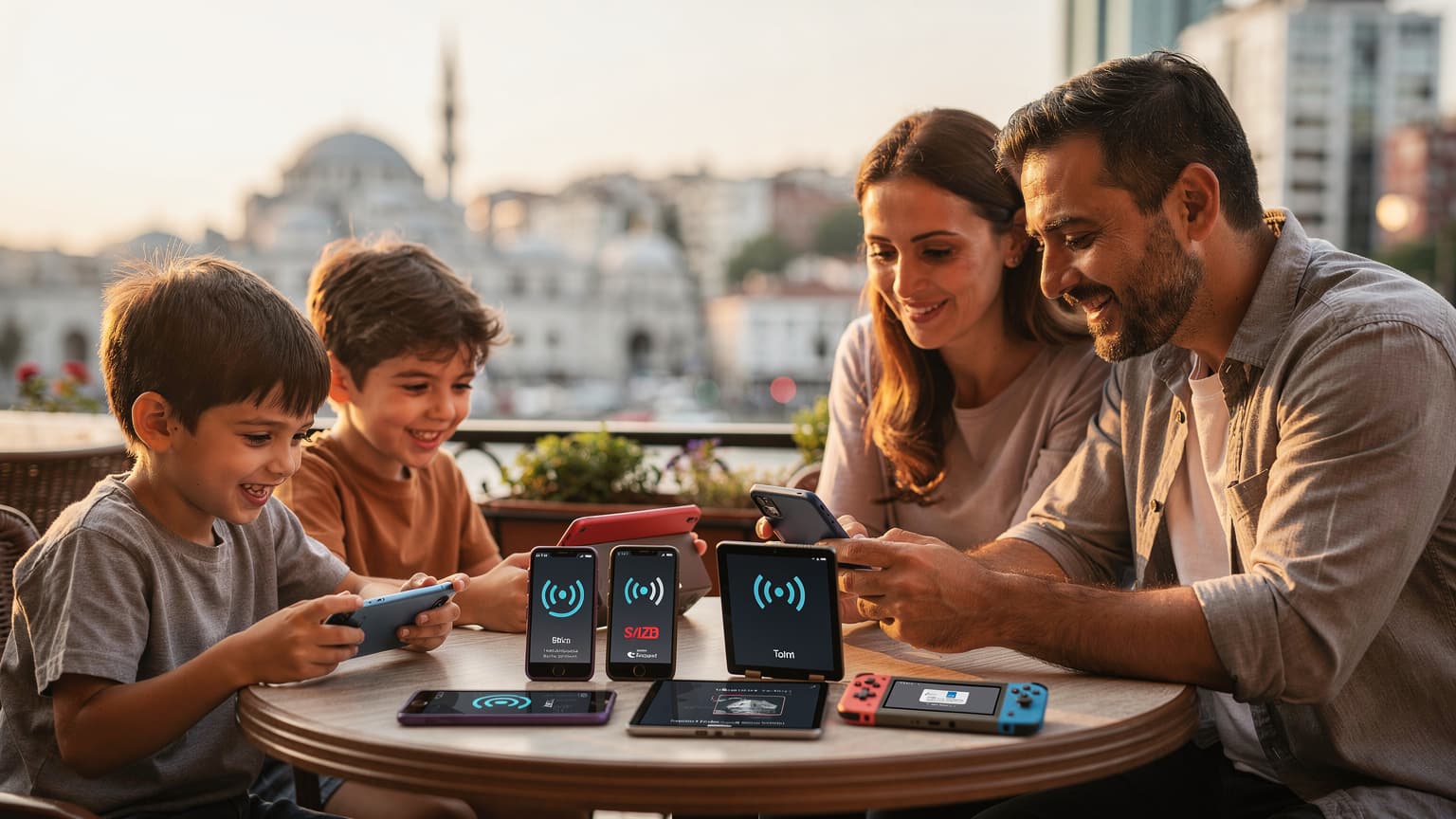 İstanbul'daki tarihi bir tramvayda, arka planda Ayasofya görülecek şekilde, bir anne ve iki çocuğu telefonlarındaki haritaları inceliyorlar.