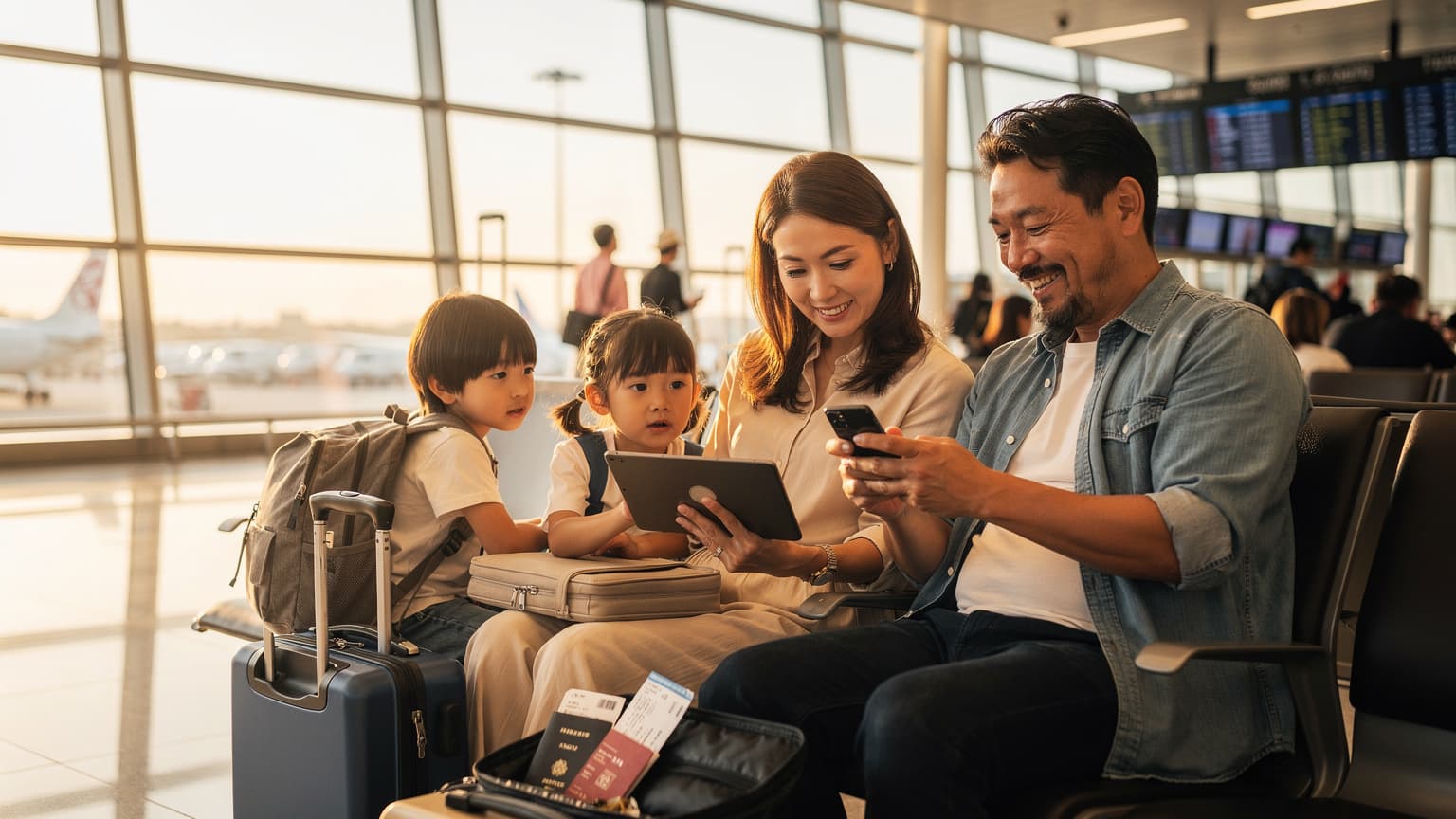 海外旅行で空港の出発ゲートにいる、iPadとヘッドホンを身につけた子供と、隣でスマートフォンを使って旅行計画を確認している母親の後ろ姿。