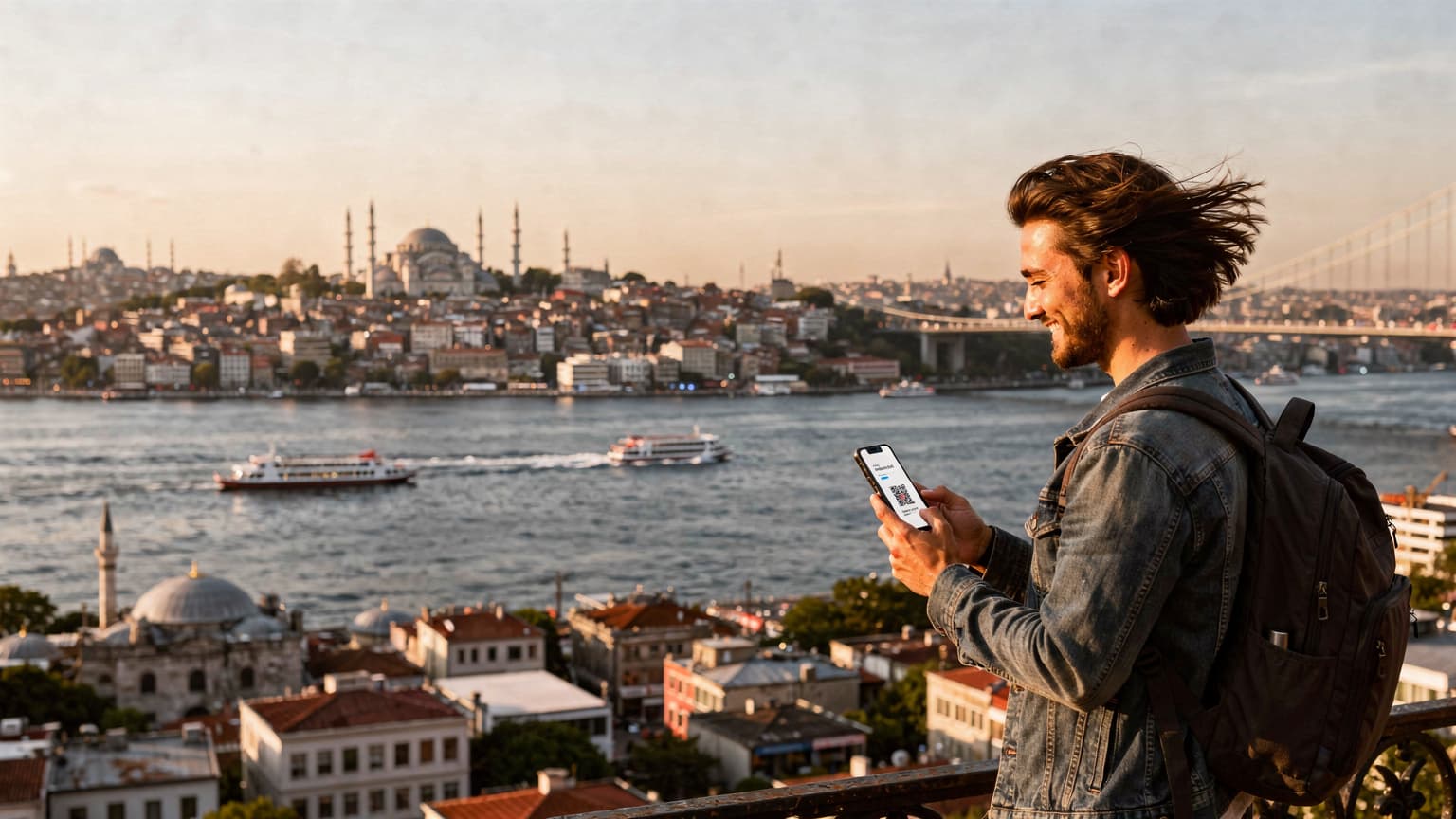 Sultanahmet Meydanı'nda, elinde akıllı telefonuyla yol tarifi bakan, şık giyimli bir kadın turist.