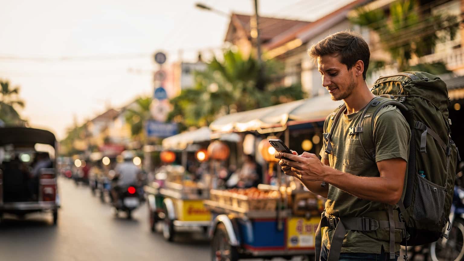 Een backpacker, zittend op de bagagedrager van een Thaise scooter, kijkt op zijn telefoon met een glimlach, omringd door het bruisende straatleven van Chiang Mai tijdens zonsondergang.