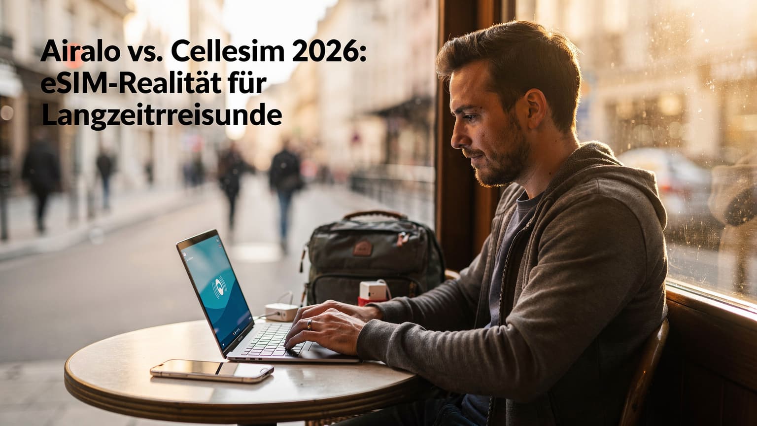 Eine digitale Nomadin sitzt in einem belebten Café in Berlin-Kreuzberg, ihr Laptop und Smartphone liegen vor ihr, während sie eine Tasse Kaffee trinkt und konzentriert auf den Bildschirm blickt.