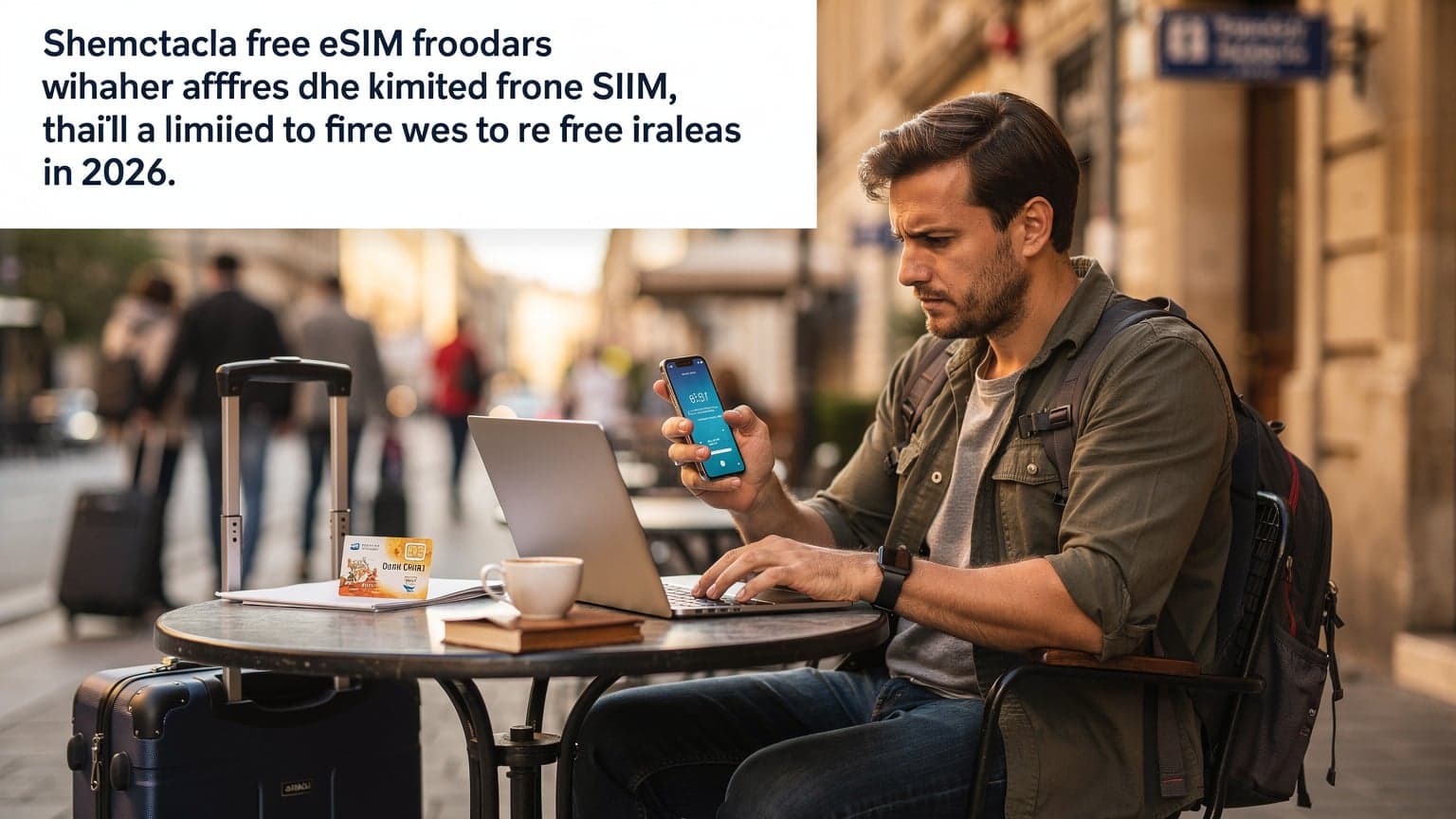 A digital nomad in a co-working space in Lisbon, Portugal, intently comparing eSIM plans on their phone, surrounded by open laptops and coffee cups.