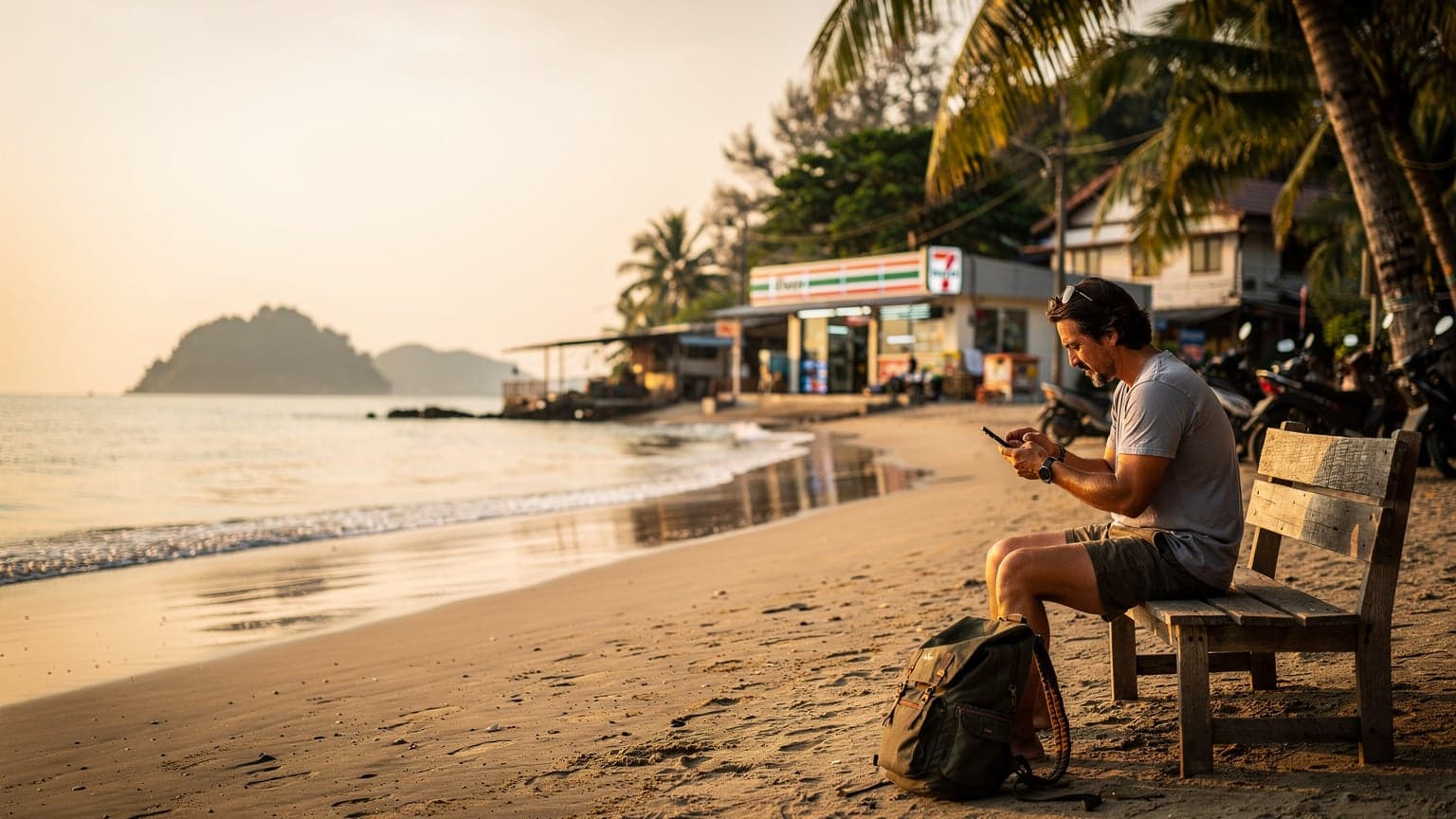 Une jeune femme backpacker, son téléphone à la main, consulte une carte numérique devant un stand de street food animé dans le quartier de Chinatown à Bangkok, le soir tombant.