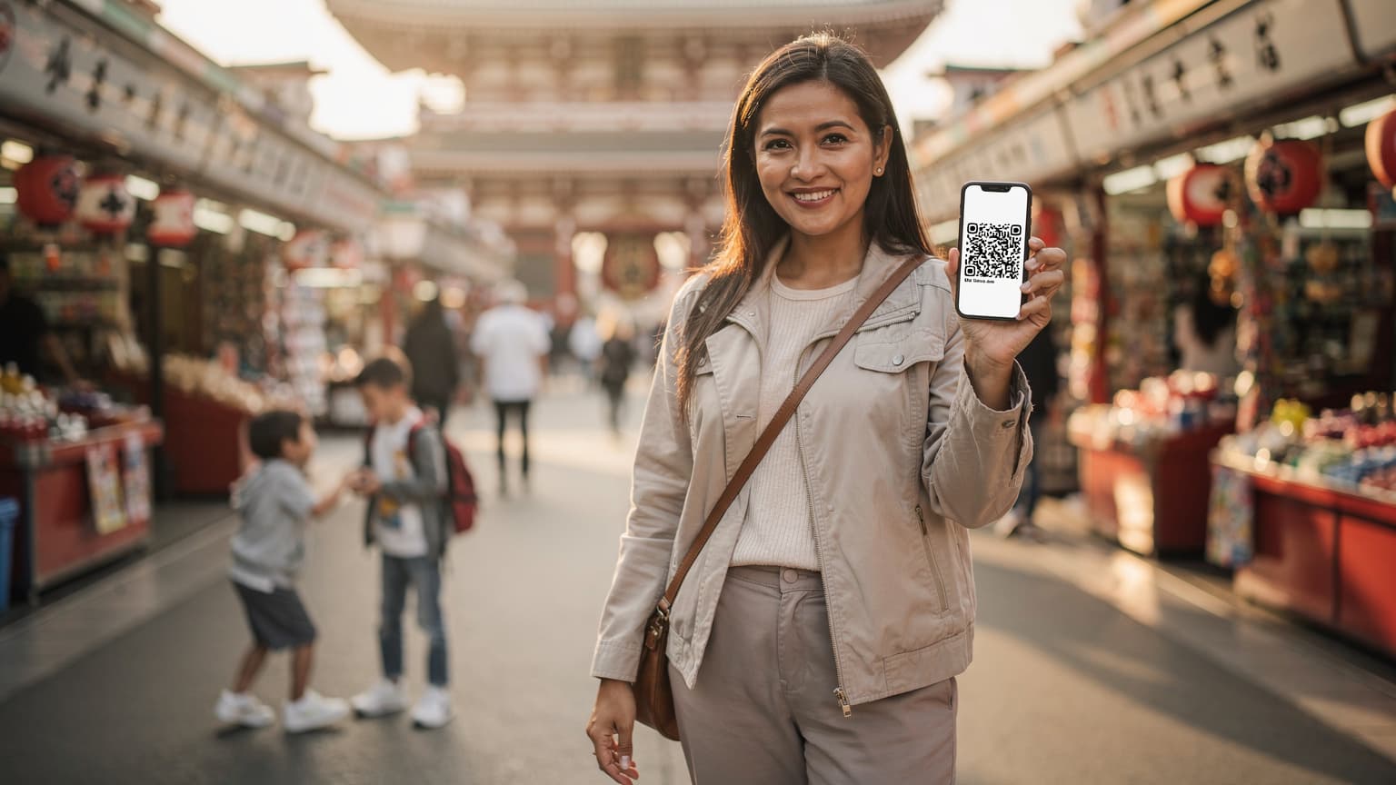 Seorang ibu tersenyum sambil memegang iPhone 17, menunjukkan eSIM yang sedang diaktifkan, di hadapan pemandangan indah Kuil Senso-ji di Tokyo pada waktu pagi dengan kanak-kanak bermain di latar belakang.