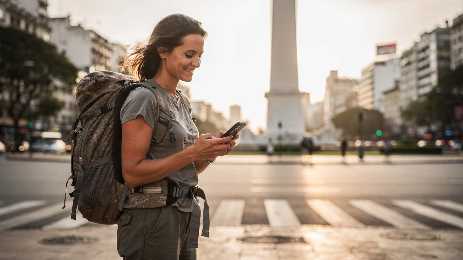 Uma mochileira sorridente, com uma mochila grande, segurando um smartphone com um mapa aberto, em frente ao Obelisco de Buenos Aires ao pôr do sol.