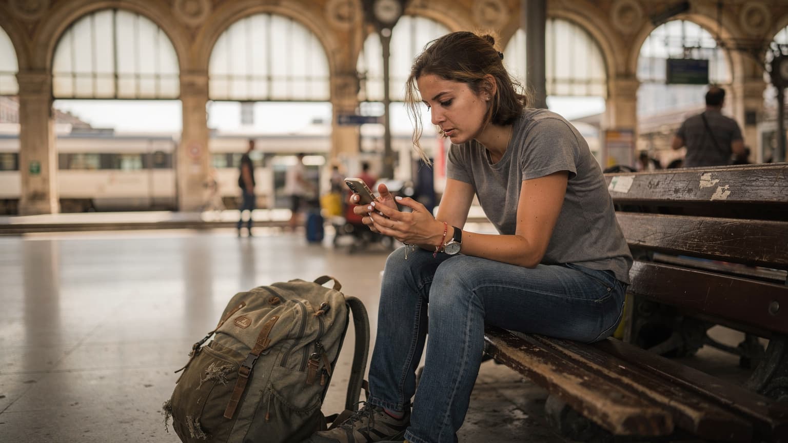 A woman with an iPhone 17 sits on a worn wooden bench at the Venezia Santa Lucia train station, looking at her screen with a focused expression, a backpack at her feet.