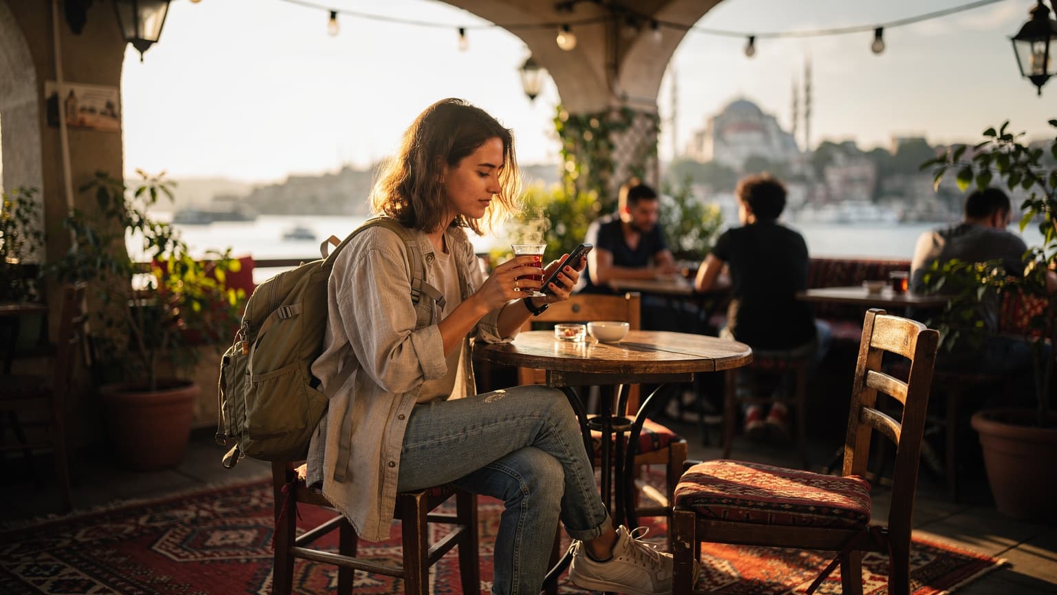 Eine junge Frau sitzt in einem belebten Café in Istanbul, trinkt türkischen Tee und blickt nachdenklich auf ihr Smartphone, im Hintergrund verschwimmen historische Gebäude.
