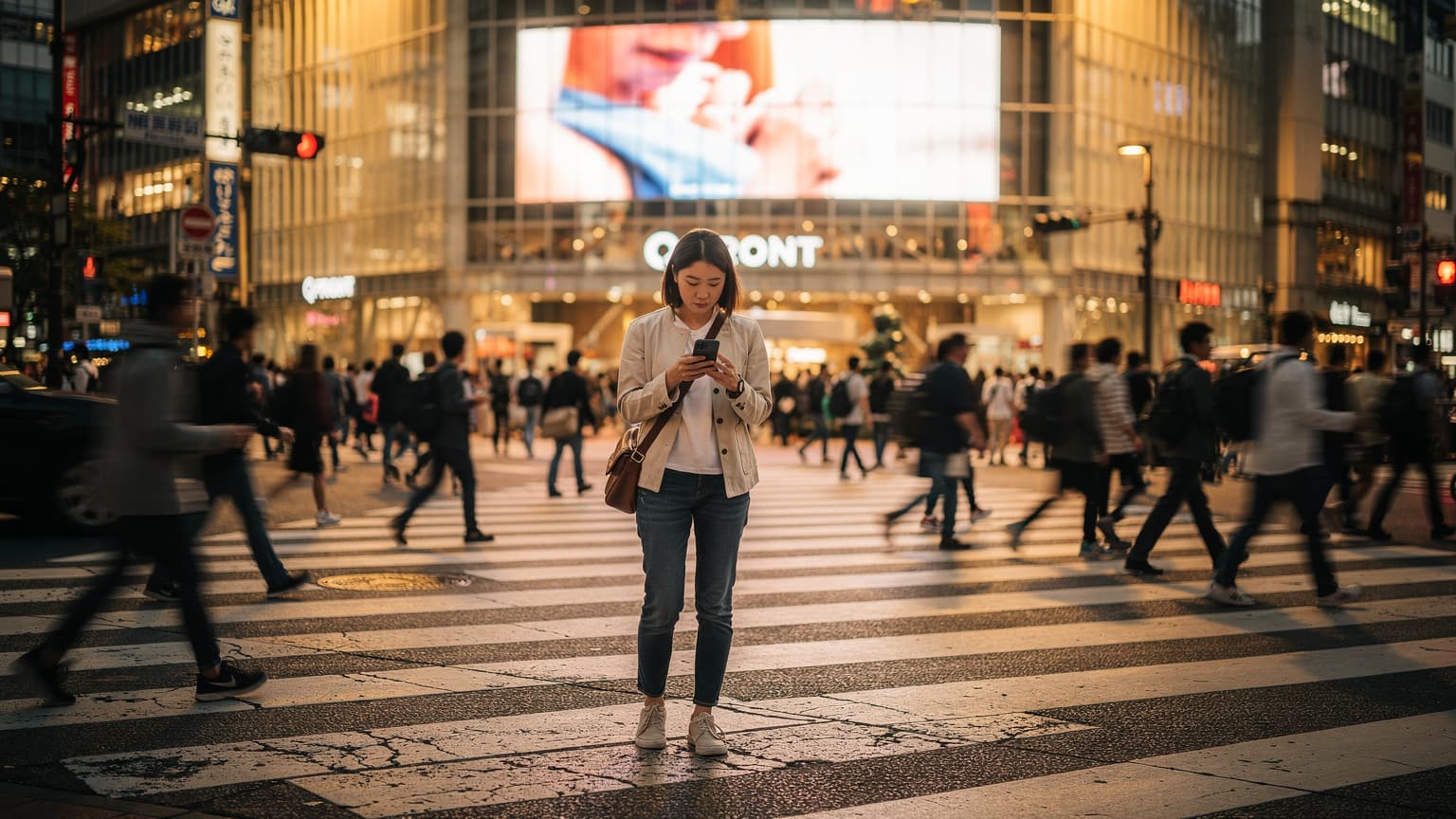 一位旅客在日本东京涩谷的十字路口,手持智能手机正在查询地图,背景是繁忙的人群和高耸的建筑。