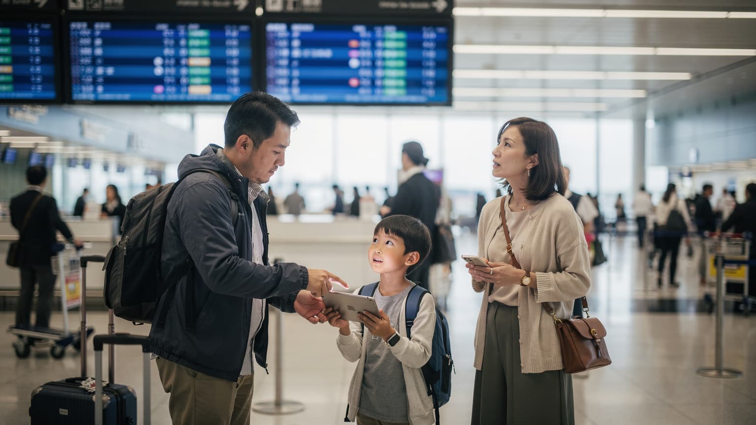 成田空港の出発ロビーで、搭乗ゲートの案内板を見上げながら、父親が子供にタブレットを渡している様子。母親はスマホで最終確認をしている。