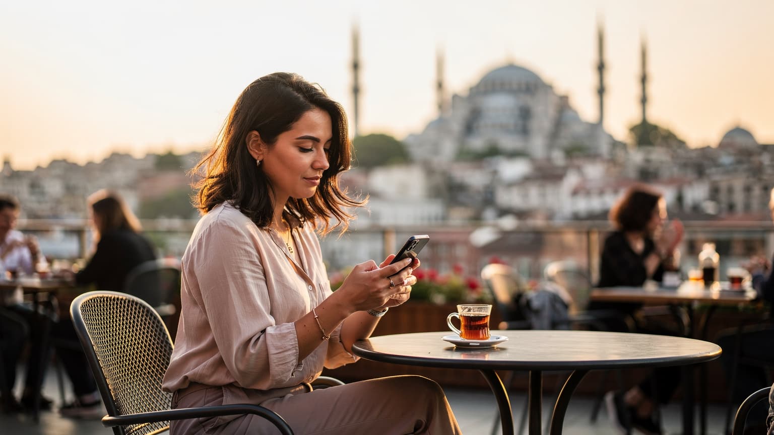 İstanbul'da tarihi yarımada manzaralı bir kafede, genç bir kadın kahvesini yudumlarken akıllı telefonundan harita kontrol ediyor.
