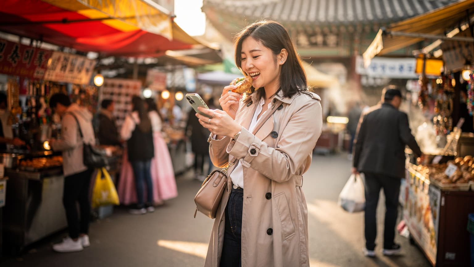 ソウルの賑やかな南大門市場で、スマートフォンを操作しながら地元の軽食を笑顔で楽しむ日本人旅行者の女性。