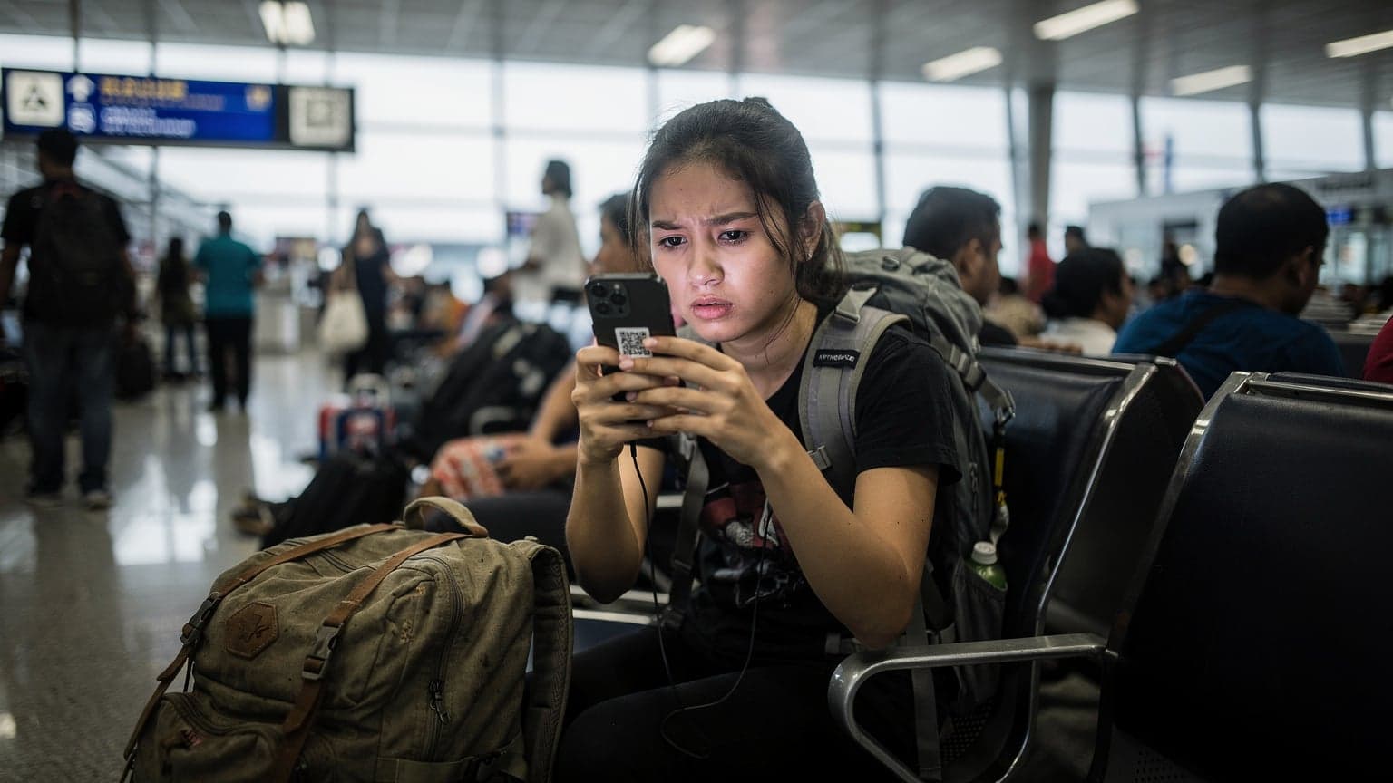 A young woman backpacker, looking frustrated while trying to scan a QR code on her phone screen, sitting on a worn wooden bench at a bustling international airport gate in Southeast Asia.