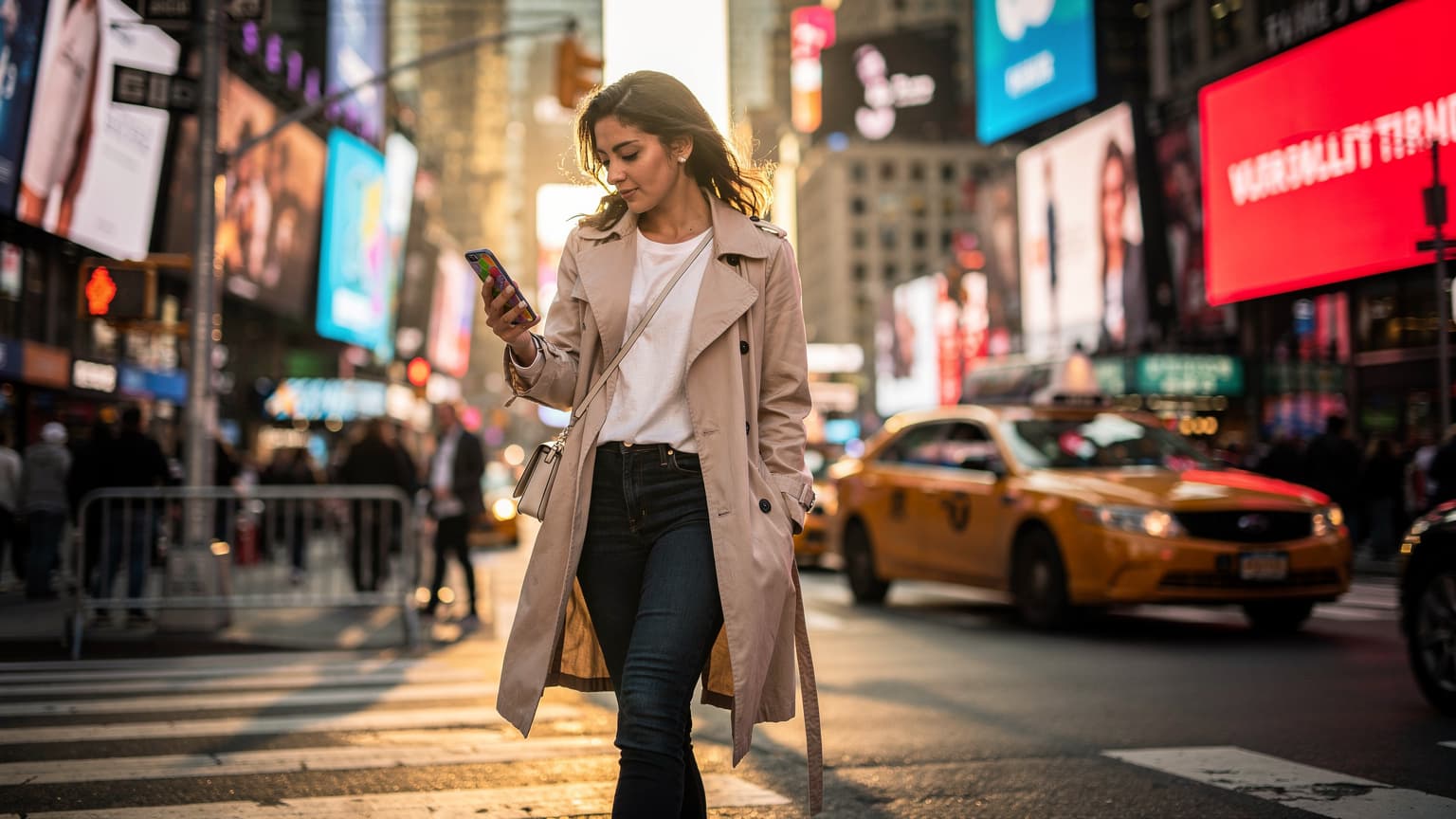 Mladá žena procházející se po Times Square v New Yorku, kontrolující svůj telefon s aktivovanou eSIM, s jasnými neonovými reklamami v pozadí.