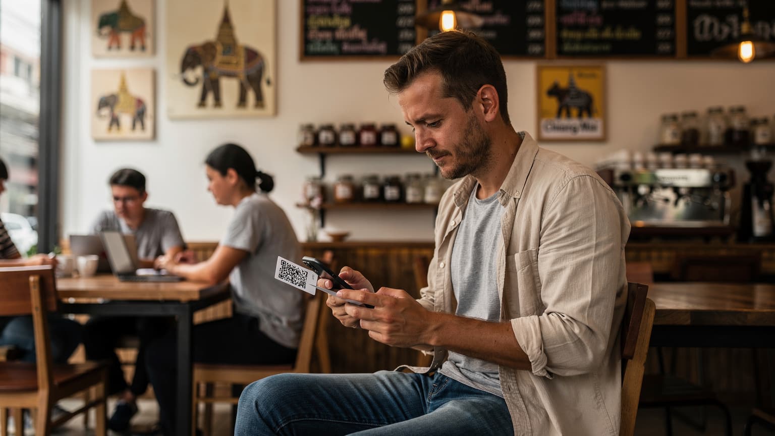Un voyageur nomade regardant sa carte eSIM sur son smartphone, assis à une table en bois dans un café animé de Chiang Mai, avec des plantes vertes en arrière-plan.