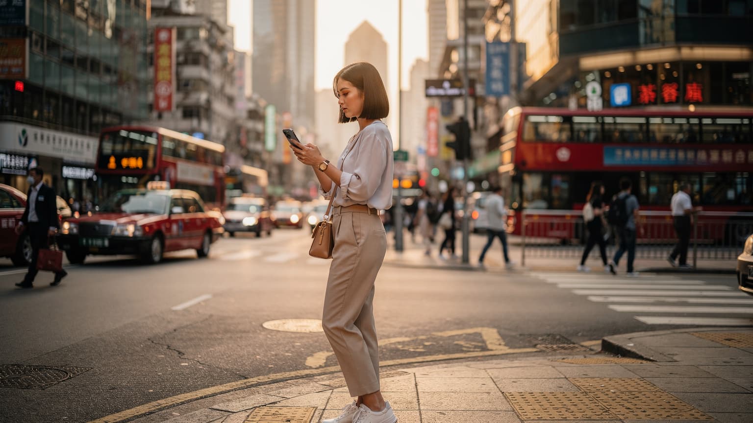一位年輕女性在香港中環熙攘的街頭,手持iPhone查看eSIM設定,周圍是高聳的摩天大樓和繁忙的電車。