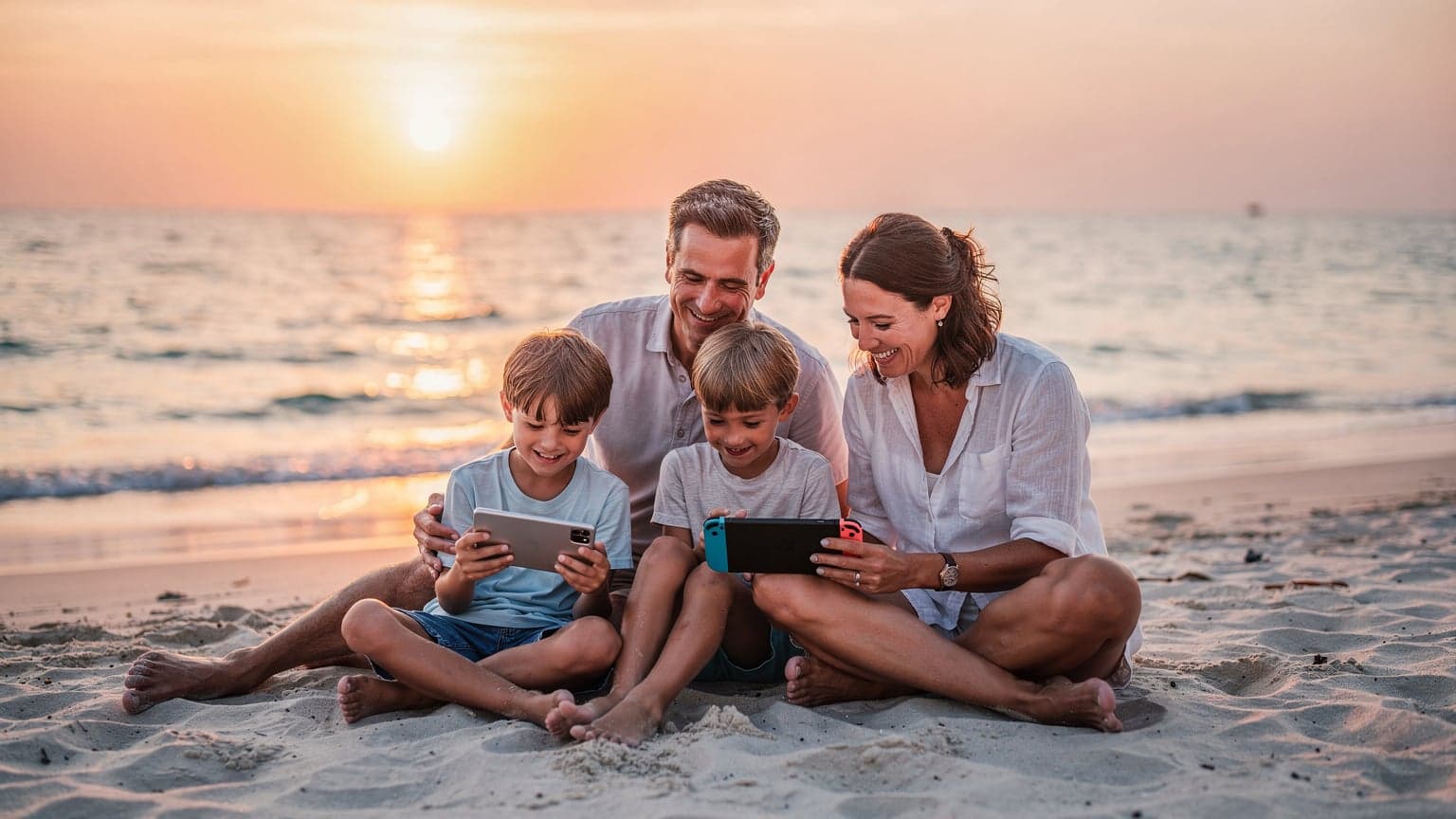 Une famille, un père, une mère et deux enfants, chacun avec un téléphone ou une tablette, profitant d'une connexion internet fluide sur une plage de Koh Lanta au coucher du soleil, la mer turquoise en arrière-plan.