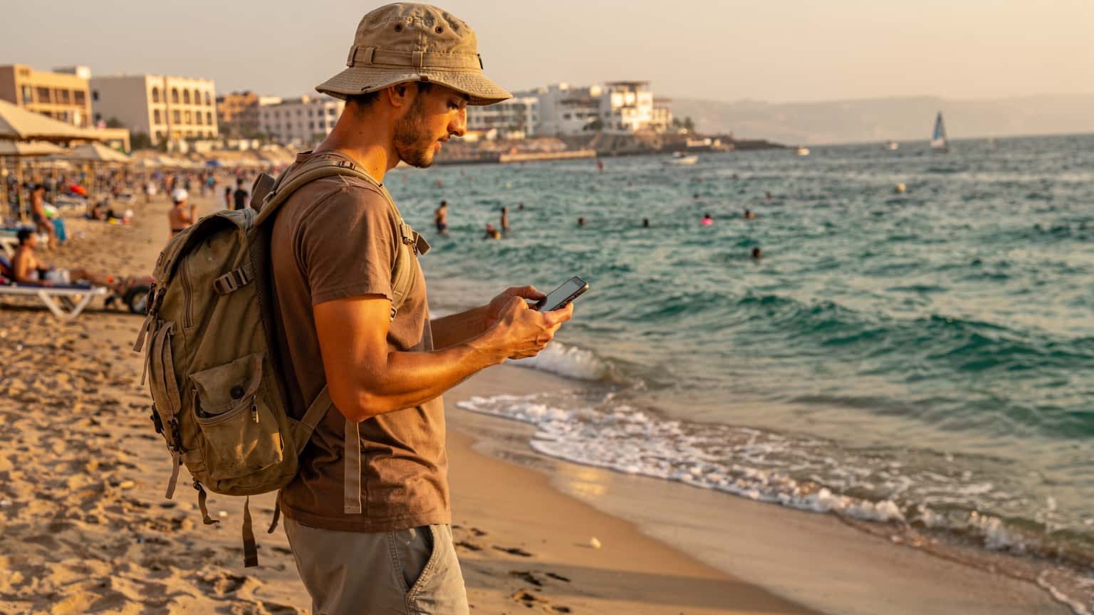 Mladý muž v klobouku s batohem na zádech si kontroluje telefon s eSIM v ruce, zatímco stojí na pláži v Hurghadě s výhledem na Rudé moře a hotelové resorty, při východu slunce.