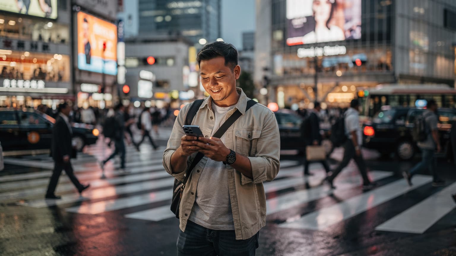 Seorang pengembara Malaysia sedang melihat Samsung Galaxy S25nya di kaki lima yang sibuk di daerah Shinjuku, Tokyo, dengan latar belakang bangunan pencakar langit yang moden dan lampu neon.