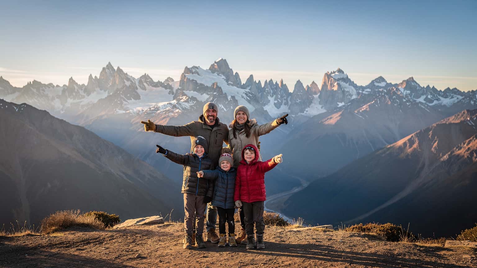 Uma família, pai, mãe e duas crianças, sorriem enquanto olham para o horizonte montanhoso da Patagônia chilena, com picos nevados ao fundo.