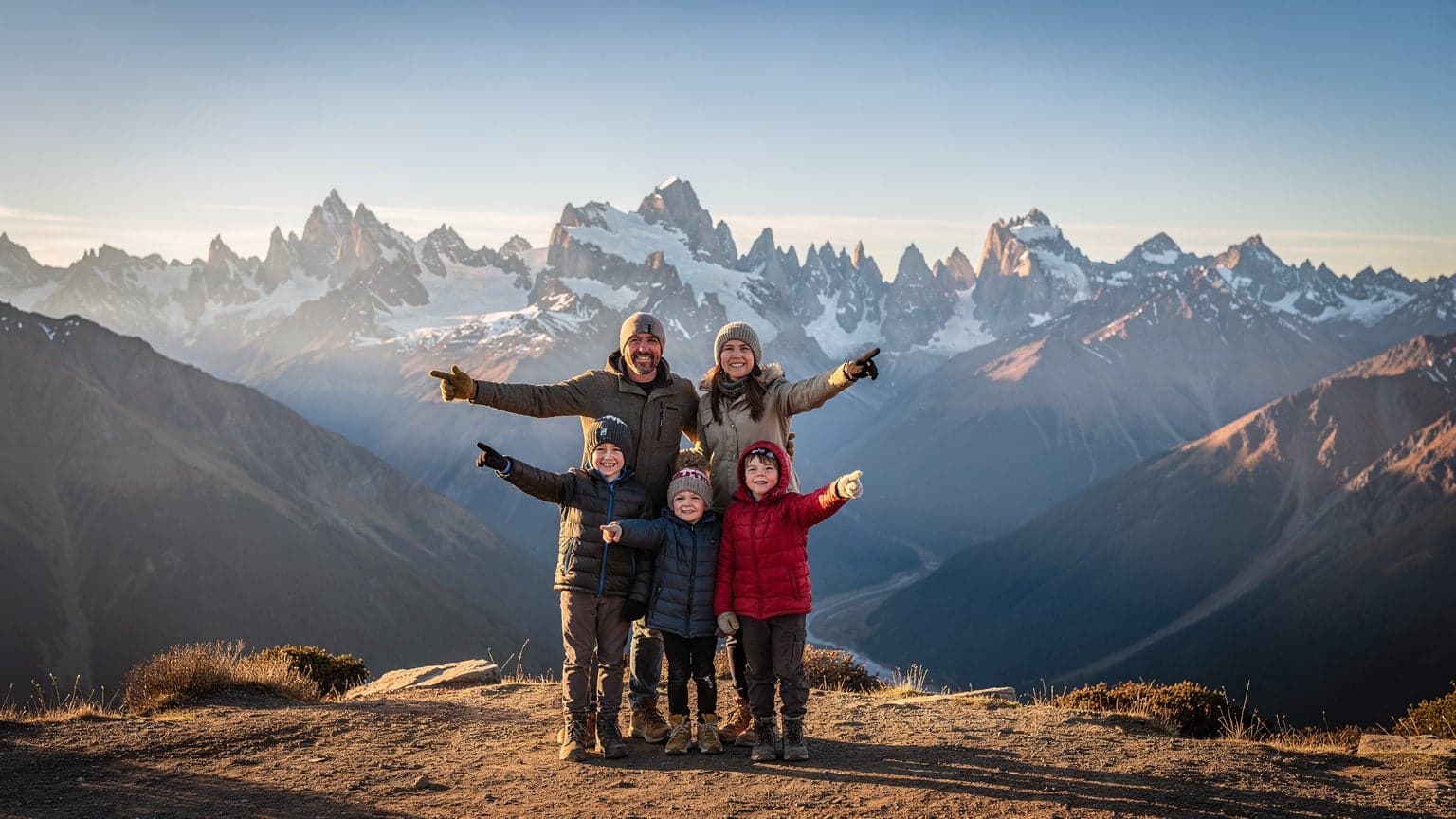 Uma família, pai, mãe e duas crianças, sorriem enquanto olham para o horizonte montanhoso da Patagônia chilena, com picos nevados ao fundo.