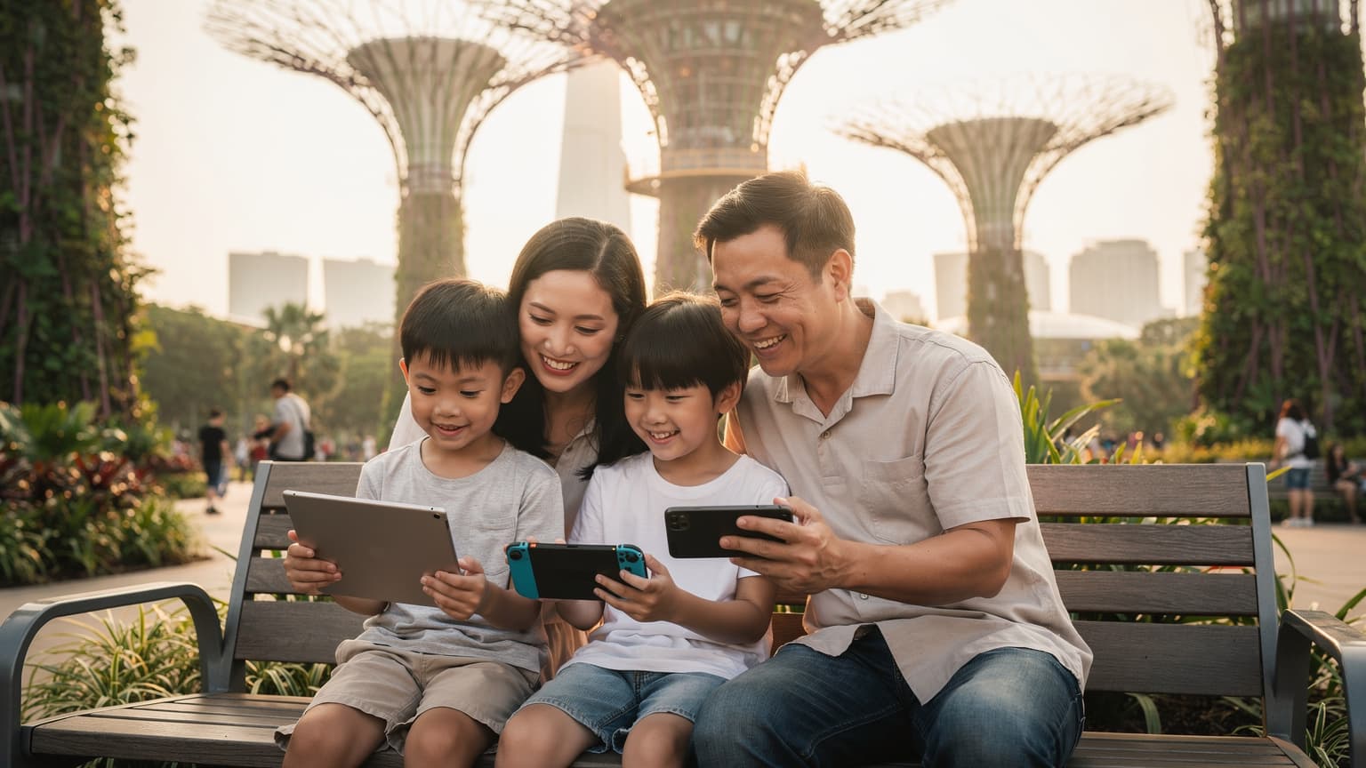 Một gia đình Việt Nam, gồm bố mẹ và hai con nhỏ, đang ngồi trên ghế đá công viên ở Singapore, mỗi người cầm một thiết bị di động, tươi cười vui vẻ dưới ánh nắng chiều tà.