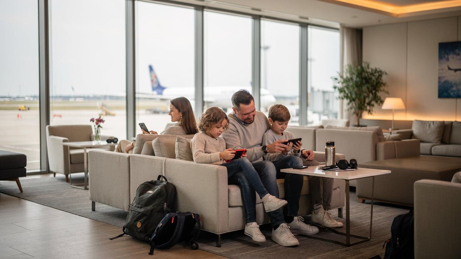 A family of four, parents and two children aged 8 and 11, sitting comfortably in an airport lounge, all looking at their respective devices, a tablet, two smartphones, and a Nintendo Switch, while waiting for their flight to Europe.