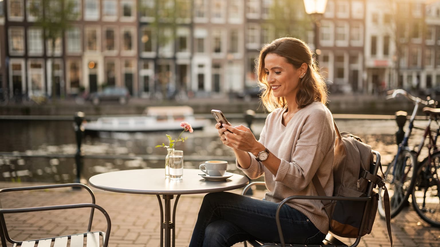 Een reiziger bekijkt ontspannen de menukaart op haar telefoon op een zonnig terras in de Jordaan, Amsterdam, met historische grachtenpanden op de achtergrond.