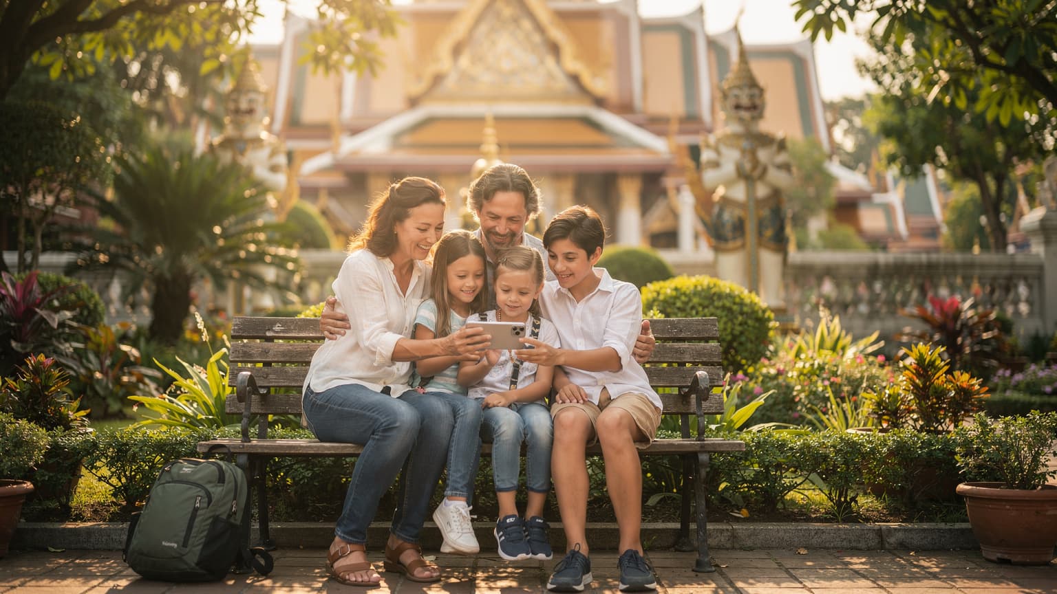 Une famille avec deux enfants, un garçon et une fille, souriant et regardant leur téléphone avec une carte affichée sur l'écran, assis sur un banc à l'ombre d'un arbre luxuriant dans le jardin du Temple du Bouddha d'Émeraude à Bangkok, avec le Wat Phra Kaeo en arrière-plan sous un soleil doux de fin d'après-midi.