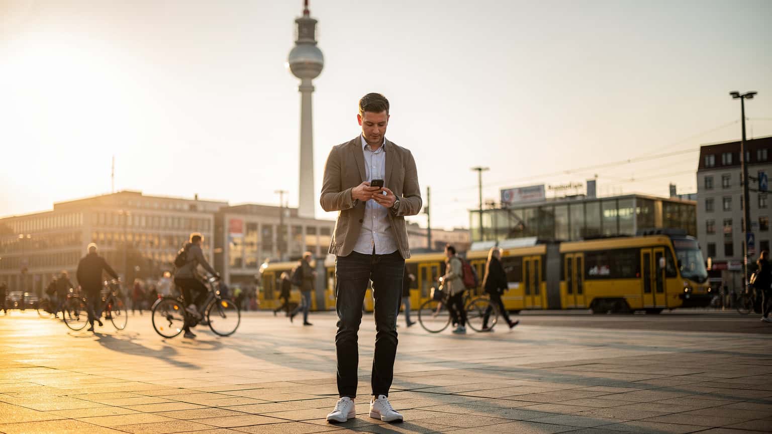 Ein Reisender navigiert mit seinem Smartphone auf dem belebten Alexanderplatz in Berlin, während die Sonne untergeht und die Fernsehturm-Silhouette im Hintergrund zu sehen ist.