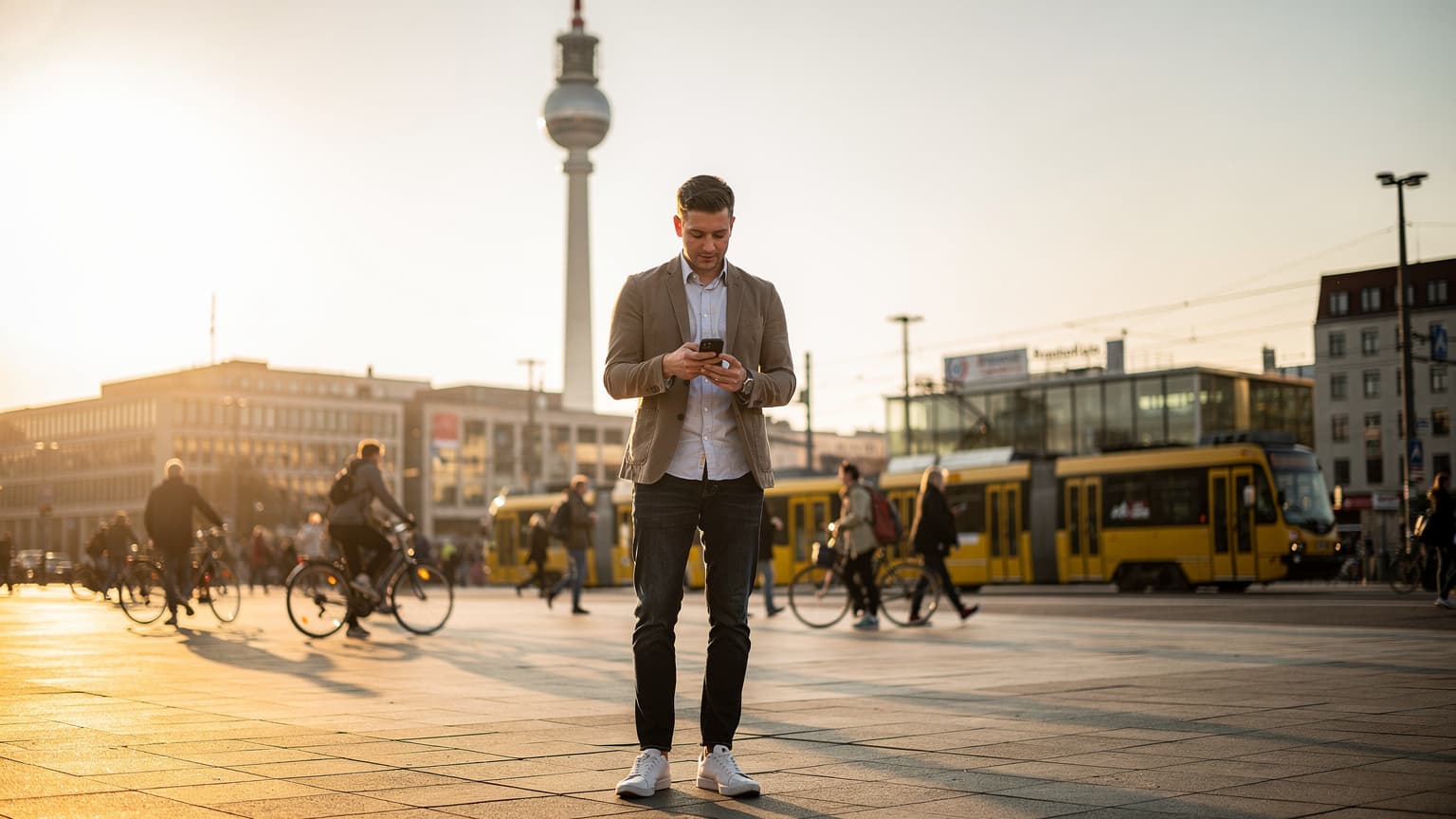 Ein Reisender navigiert mit seinem Smartphone auf dem belebten Alexanderplatz in Berlin, während die Sonne untergeht und die Fernsehturm-Silhouette im Hintergrund zu sehen ist.