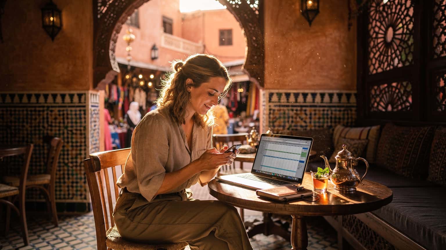 Eine junge Frau sitzt in einem traditionellen marokkanischen Café, ihr Laptop vor sich, während sie auf ihrem Smartphone eine eSIM aktiviert, im Hintergrund ist ein geschäftiger Souk zu sehen.