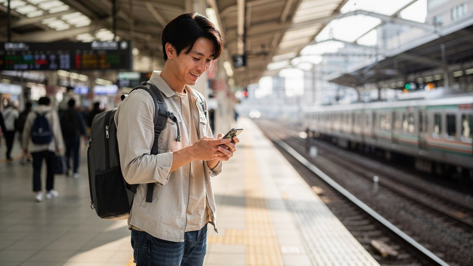 大阪の賑やかな駅のホームで、旅行者がスマートフォンを手にし、友人からのLINEメッセージを確認している様子。
