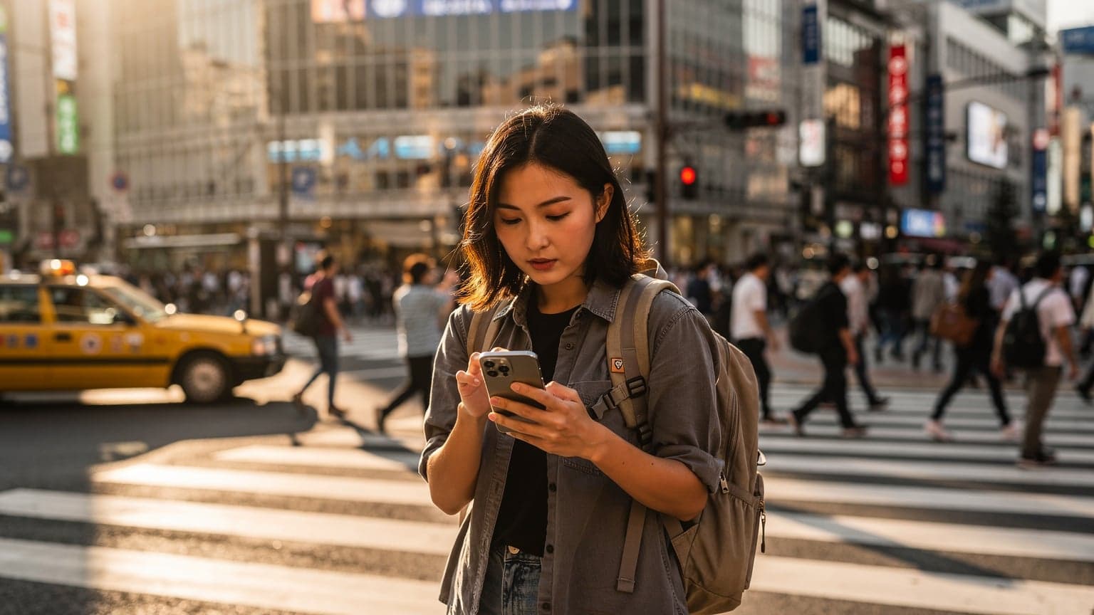 一名旅行者在東京新宿的繁忙街頭,手持手機查看Cellesim eSIM設定,背景是高聳的摩天大樓和閃爍的霓虹燈,展現了現代都市的數位生活。