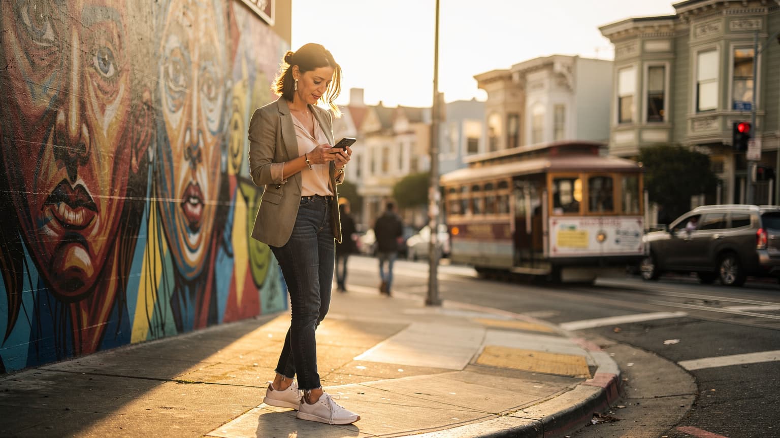 A woman confidently navigating her smartphone for directions in the heart of San Francisco's Mission District, with a classic cable car passing in the background.
