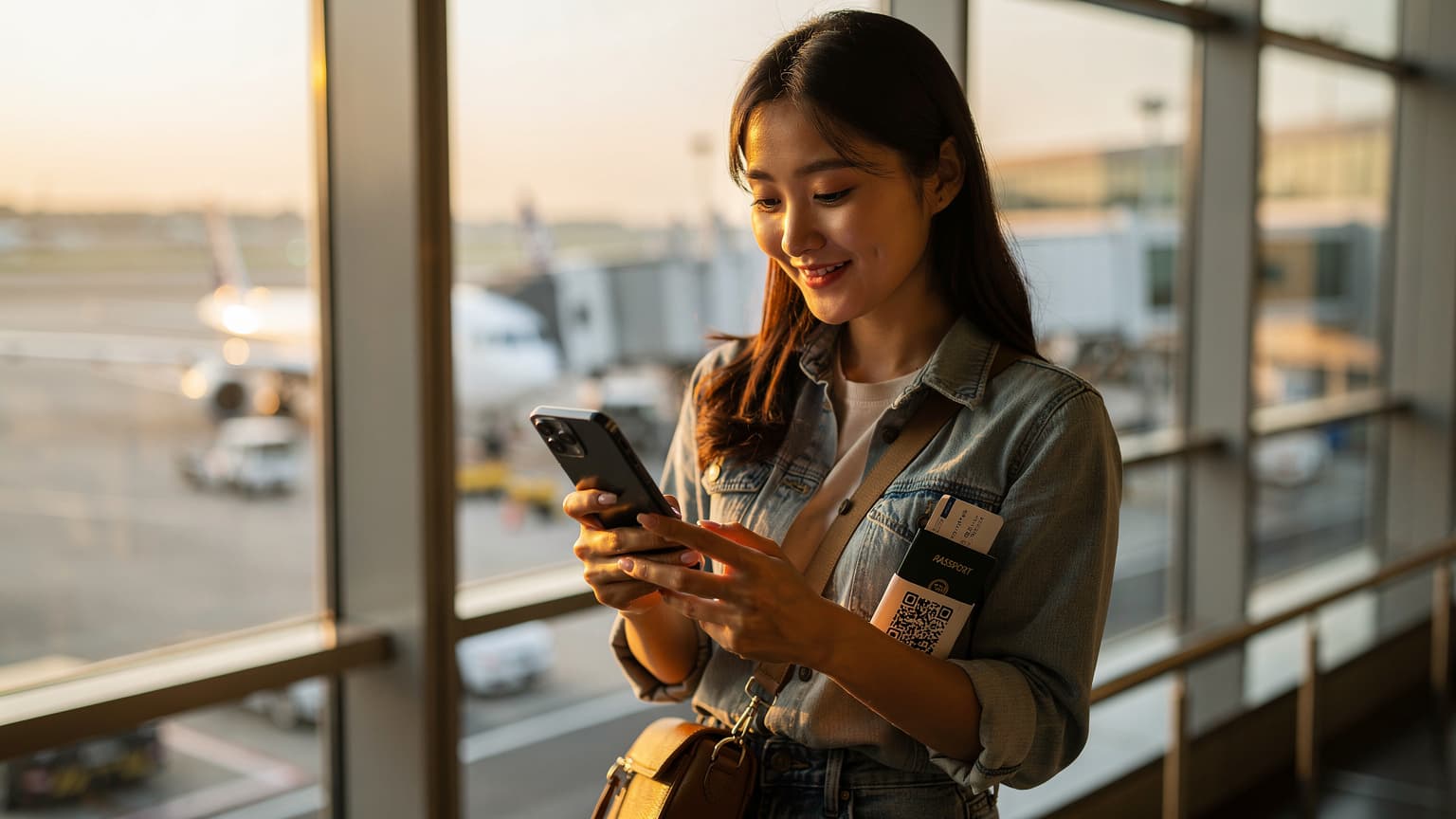 바쁜 인천국제공항 출국장 풍경, 여행객이 스마트폰으로 Cellesim eSIM QR 코드를 스캔하며 환하게 웃고 있는 모습.