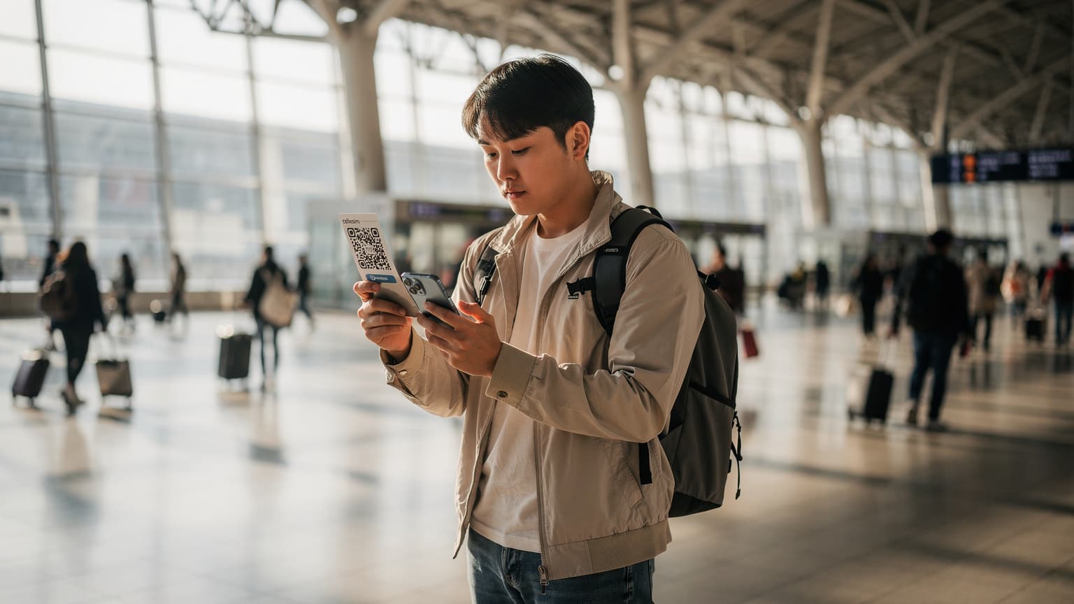 서울역 대합실에서 한 남성이 아이폰을 들고 Cellesim eSIM QR 코드를 스캔하며 활성화하는 모습. 주변에는 캐리어를 든 여행객들이 분주하게 움직이고 있다.