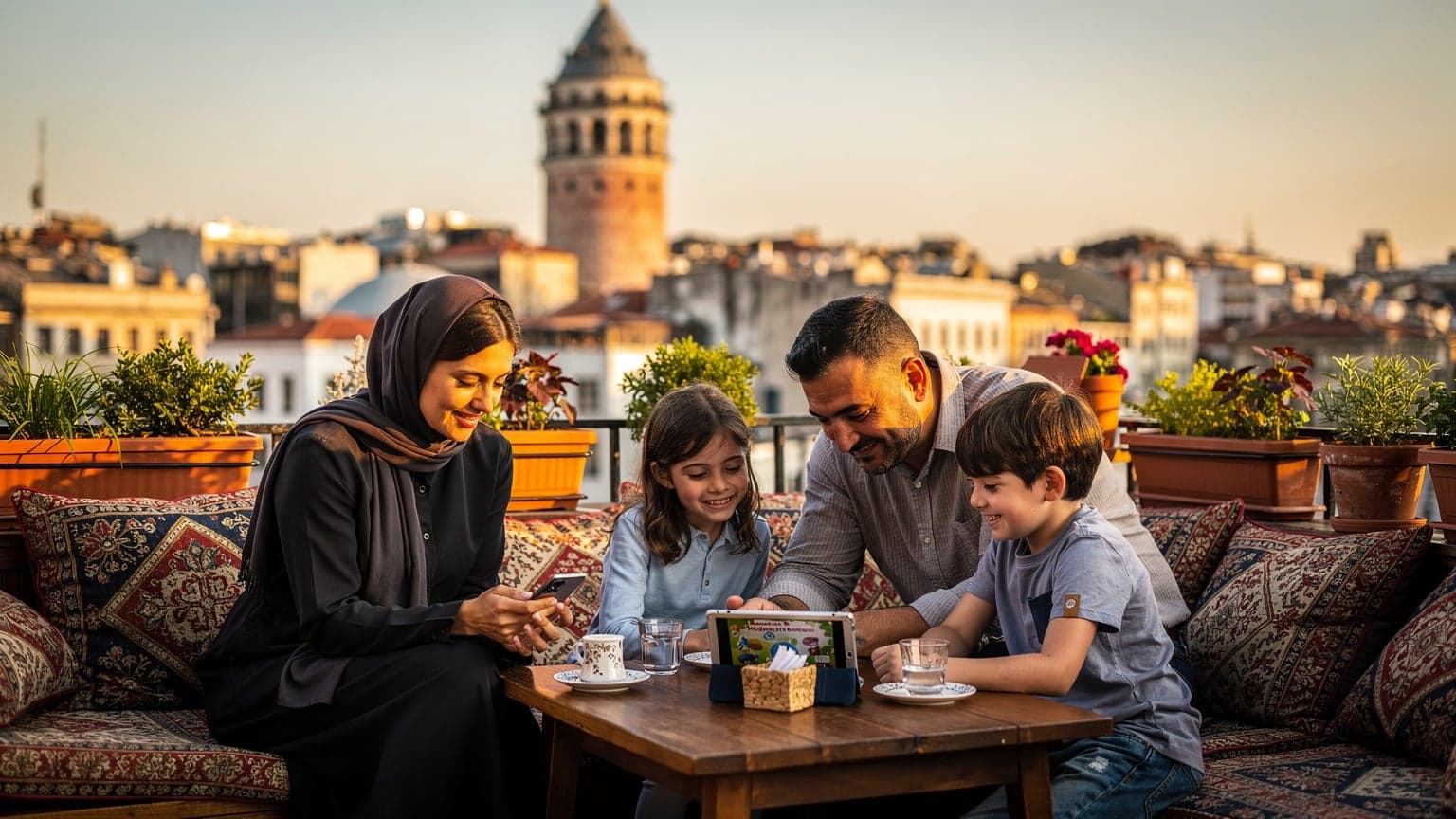 İstanbul'da bir aile, Galata Kulesi manzaralı bir kafede otururken, ebeveyn tabletten çocukların içeriklerini kontrol ediyor ve telefonunda eSIM ayarlarını inceliyor.